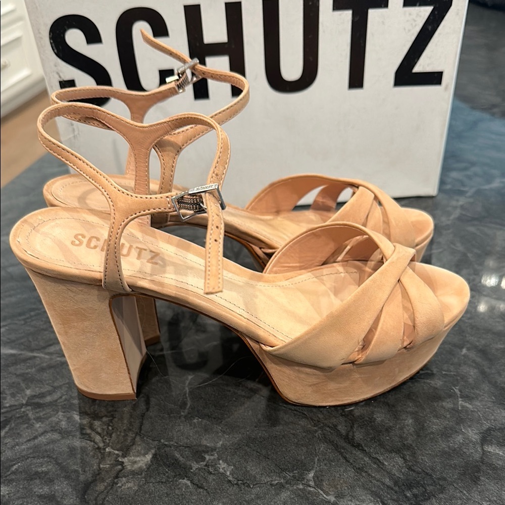 SCHUTZ Nude Suede Platform Sandal with Ankle Strap